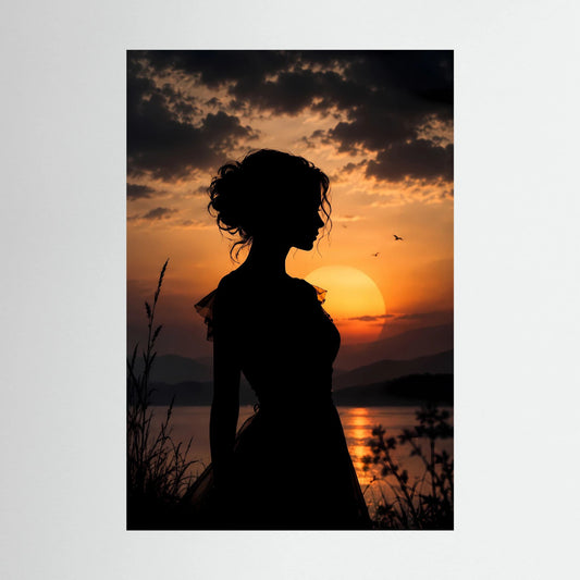 Poster mit Silhouette einer Frau am Sonnenuntergang, Hochformat