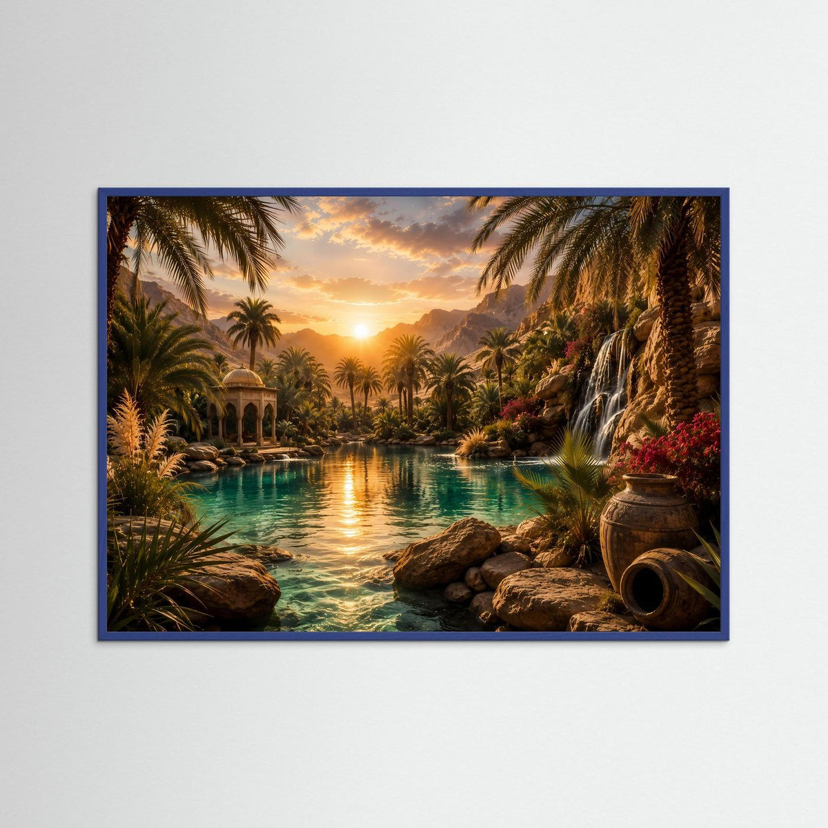 Poster im Querformat mit blauem Rahmen, tropische Landschaft mit Sonne, Palmen und Wasserfall