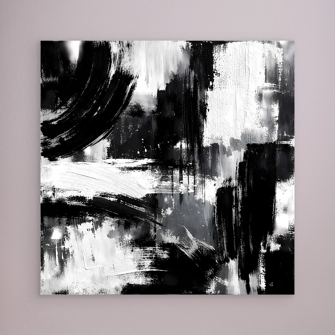 Unframed abstract black-and-white canvas with sweeping strokes and vertical smears