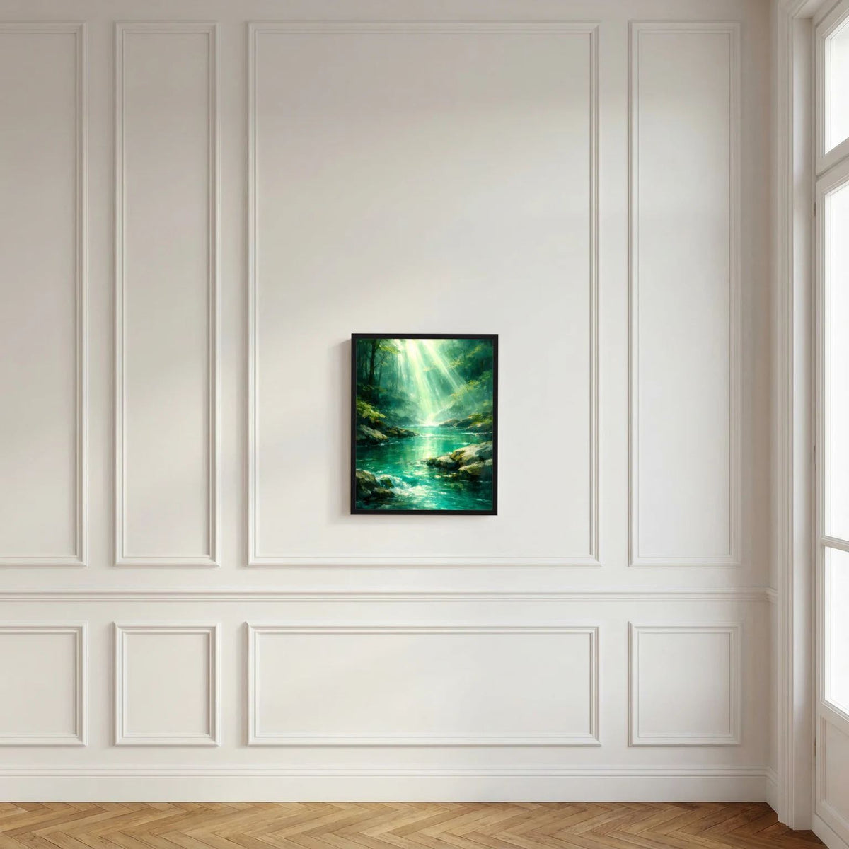 Wandbild mit leuchtendem Fluss im Wald und Lichtstrahlen, dunkel gerahmt