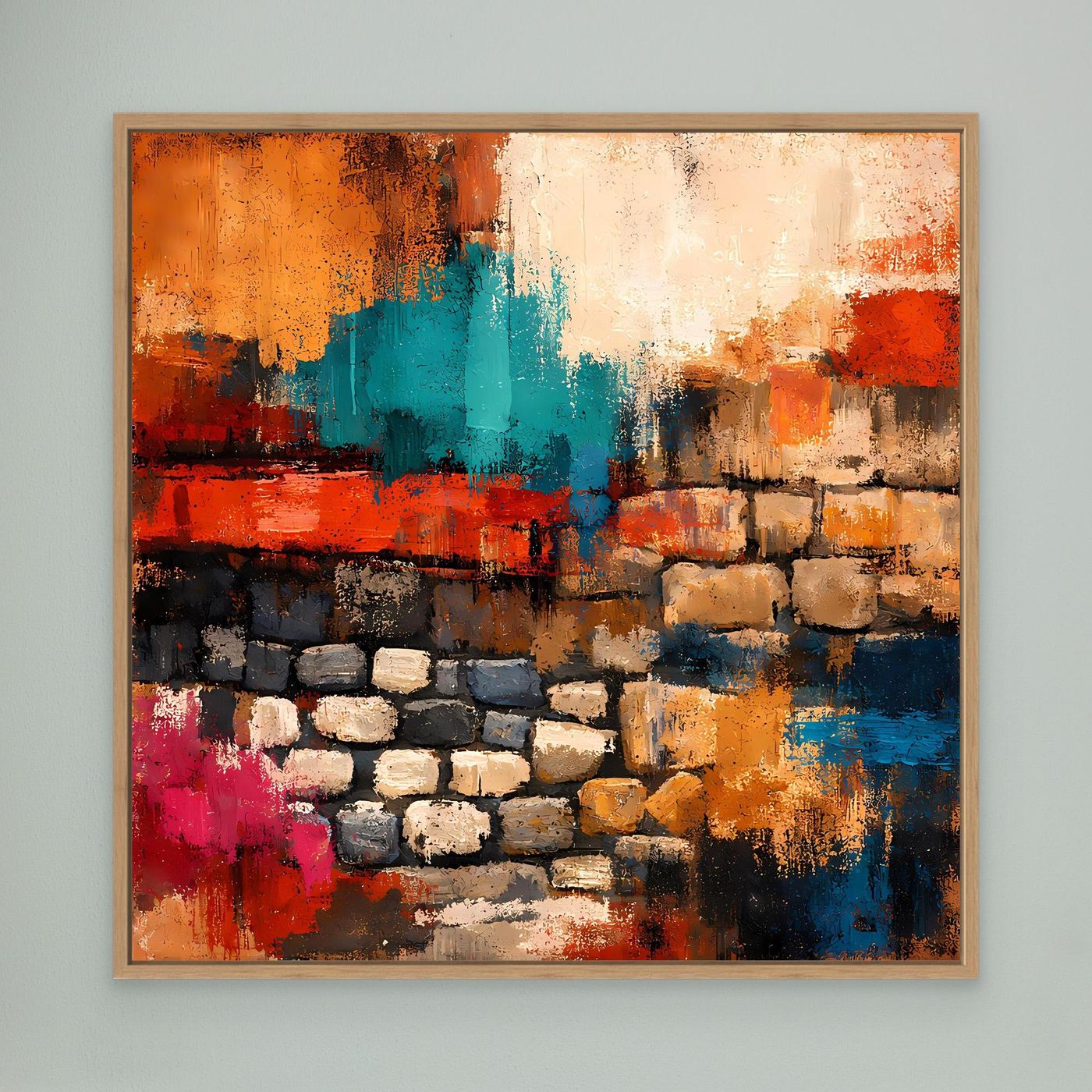 Wandbild mit abstrakter Steinmauer in orange, türkis, rot und blau, mit braunem Holzrahmen