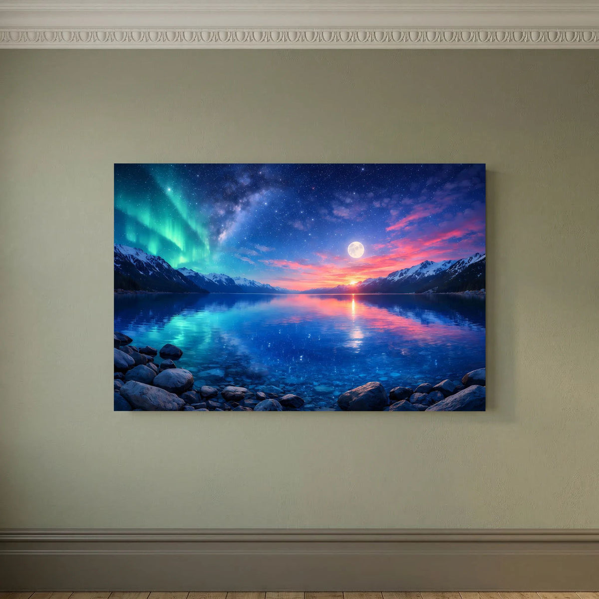 Rechteckiges Wandbild mit Polarlicht über ruhigem See und Mond am Himmel
