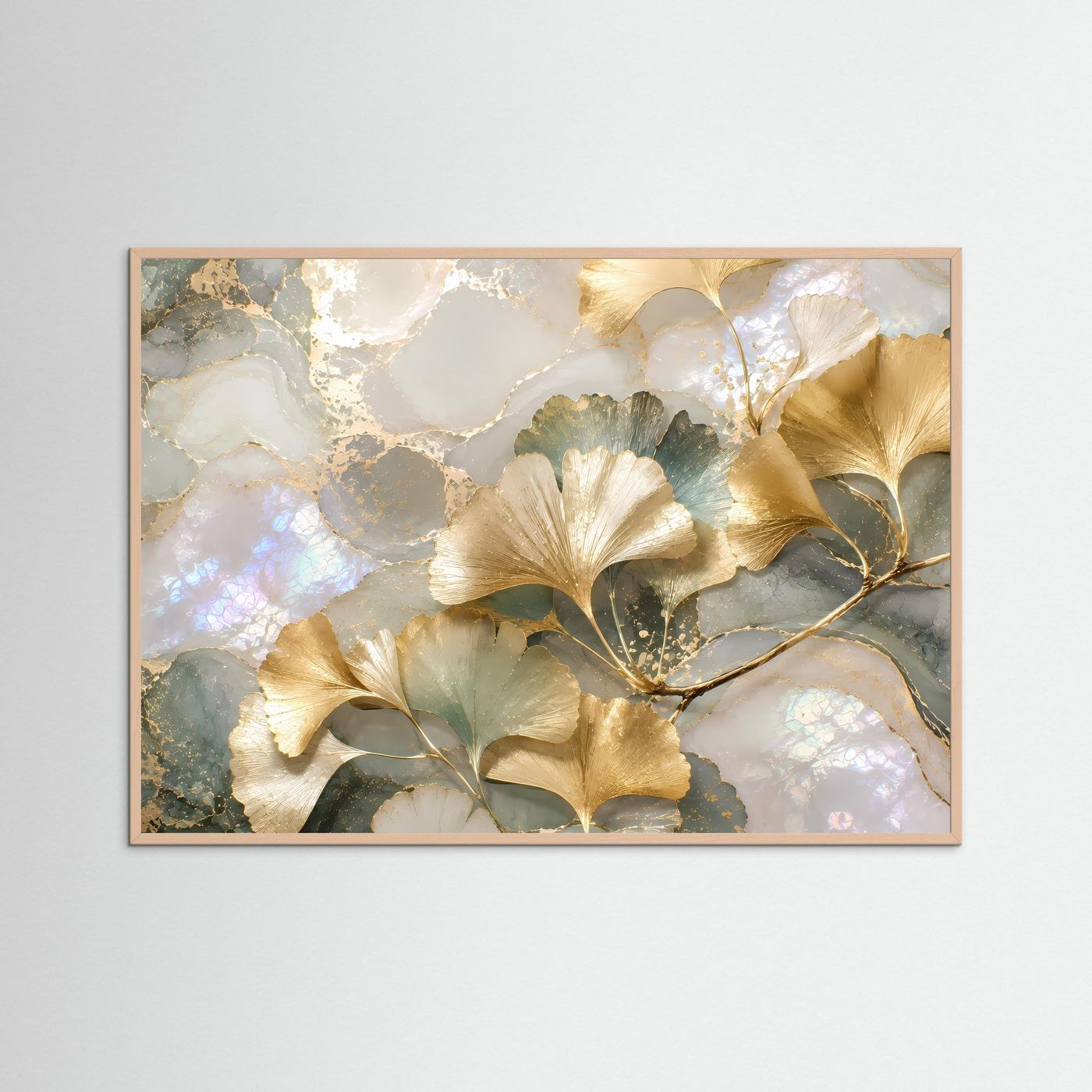 Botanisches Poster im Rosé-Holzrahmen: goldene Ginkgo-Blätter auf Perlmutt, Querformat