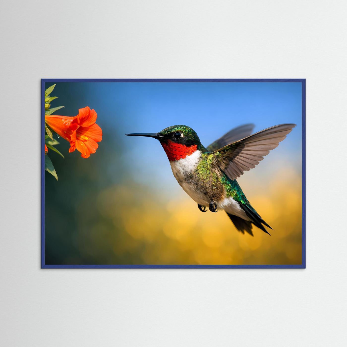 Naturposter (Querformat) mit schwebendem Kolibri und oranger Blüte, gerahmt