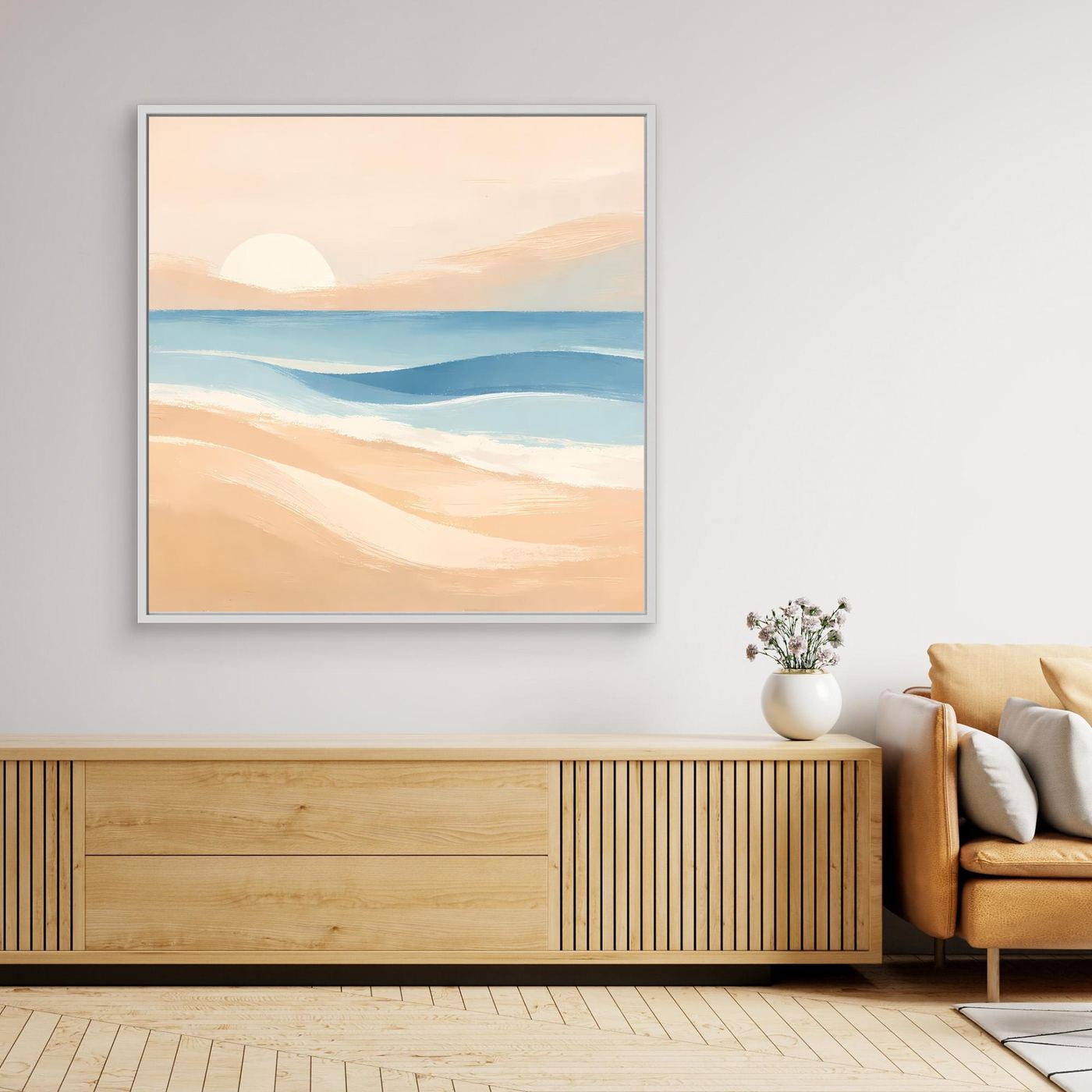 Gerahmtes Leinwandbild mit abstraktem Meer und Pastell-Sonnenuntergang, weißer Rahmen