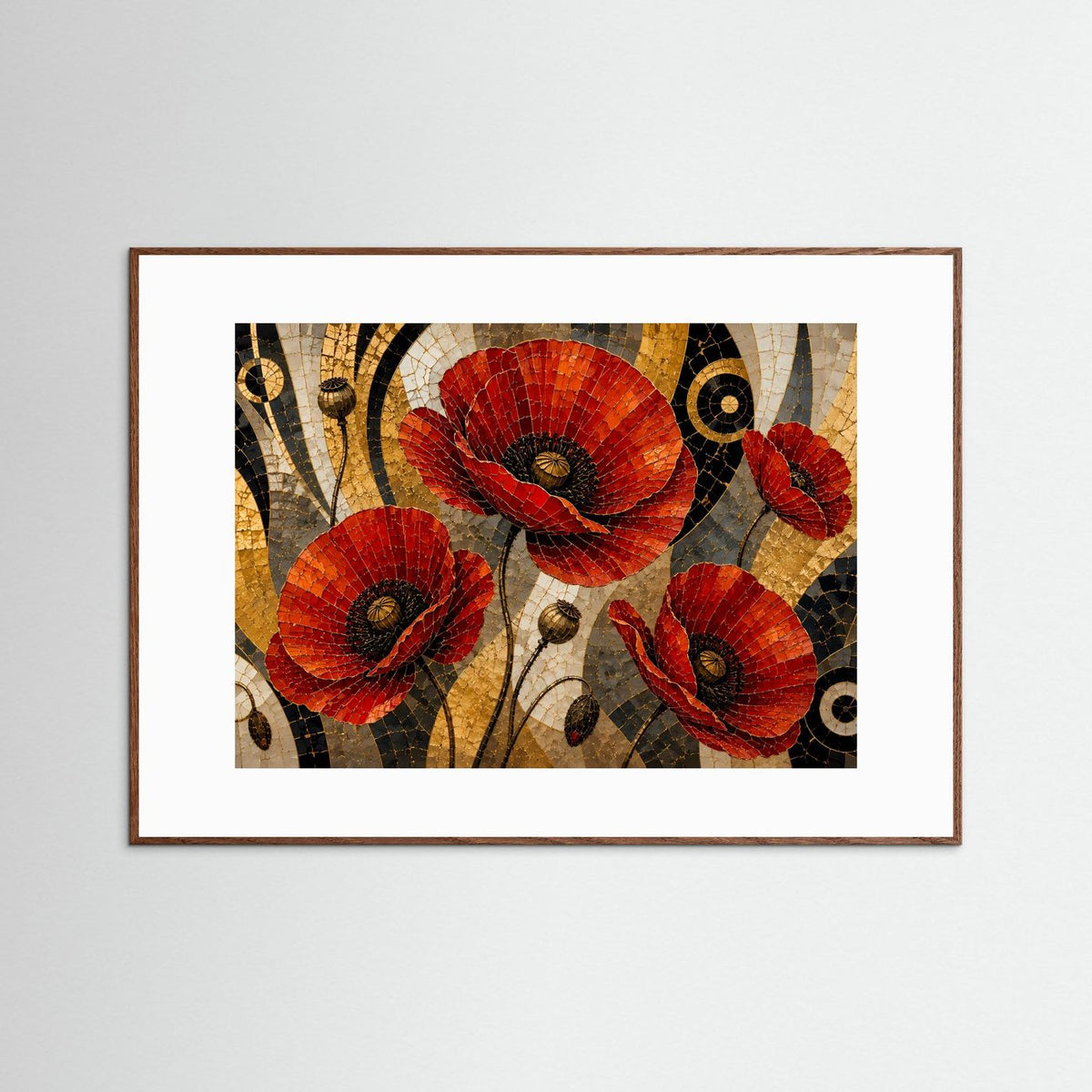 Braun gerahmtes Poster mit Mohnblumen im Mosaikstil, rot, schwarz und gold, Querformat