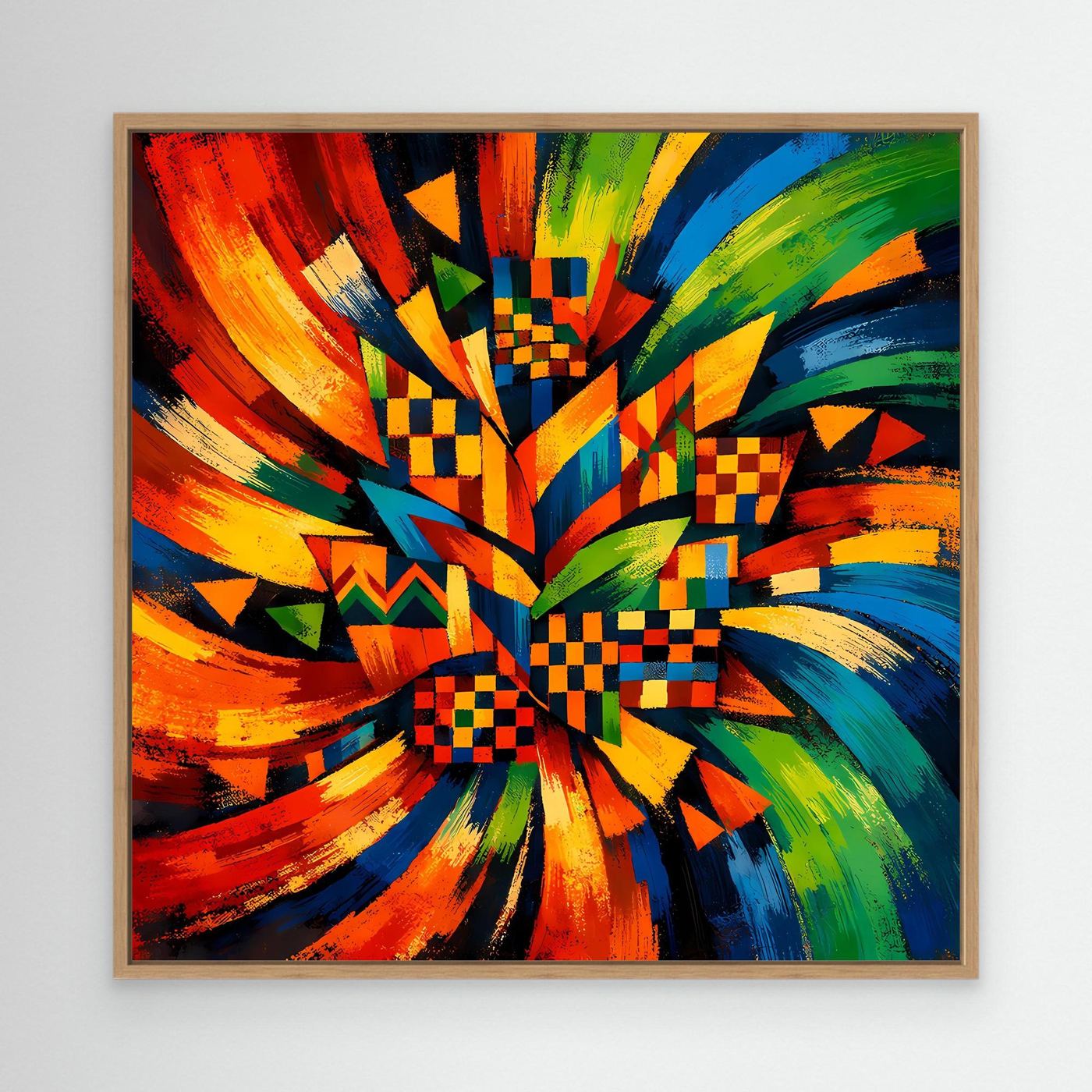 Buntes Leinwandbild mit geometrischen Check-Mustern im Strahlenmotiv, Eichenrahmen