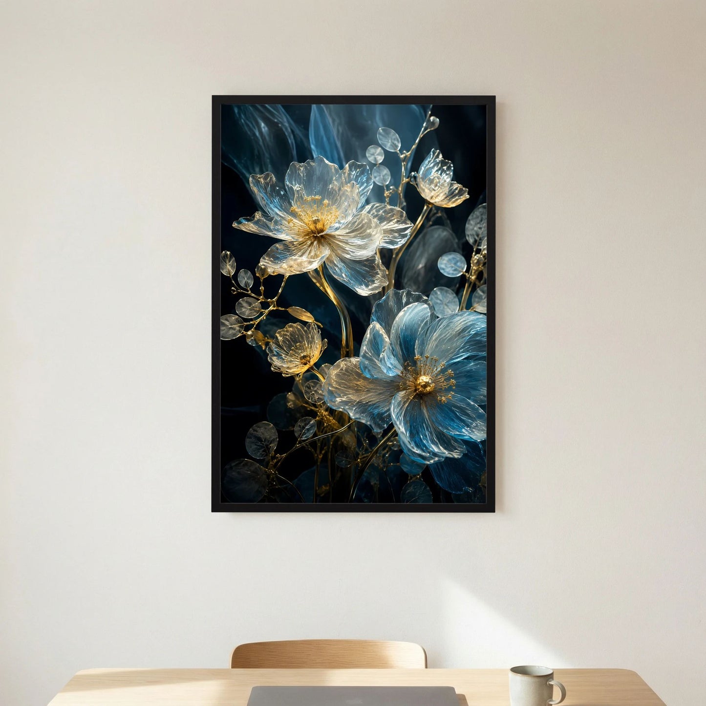 Poster mit blauen und goldenen Kristallblüten, zentriert im schwarzen Rahmen