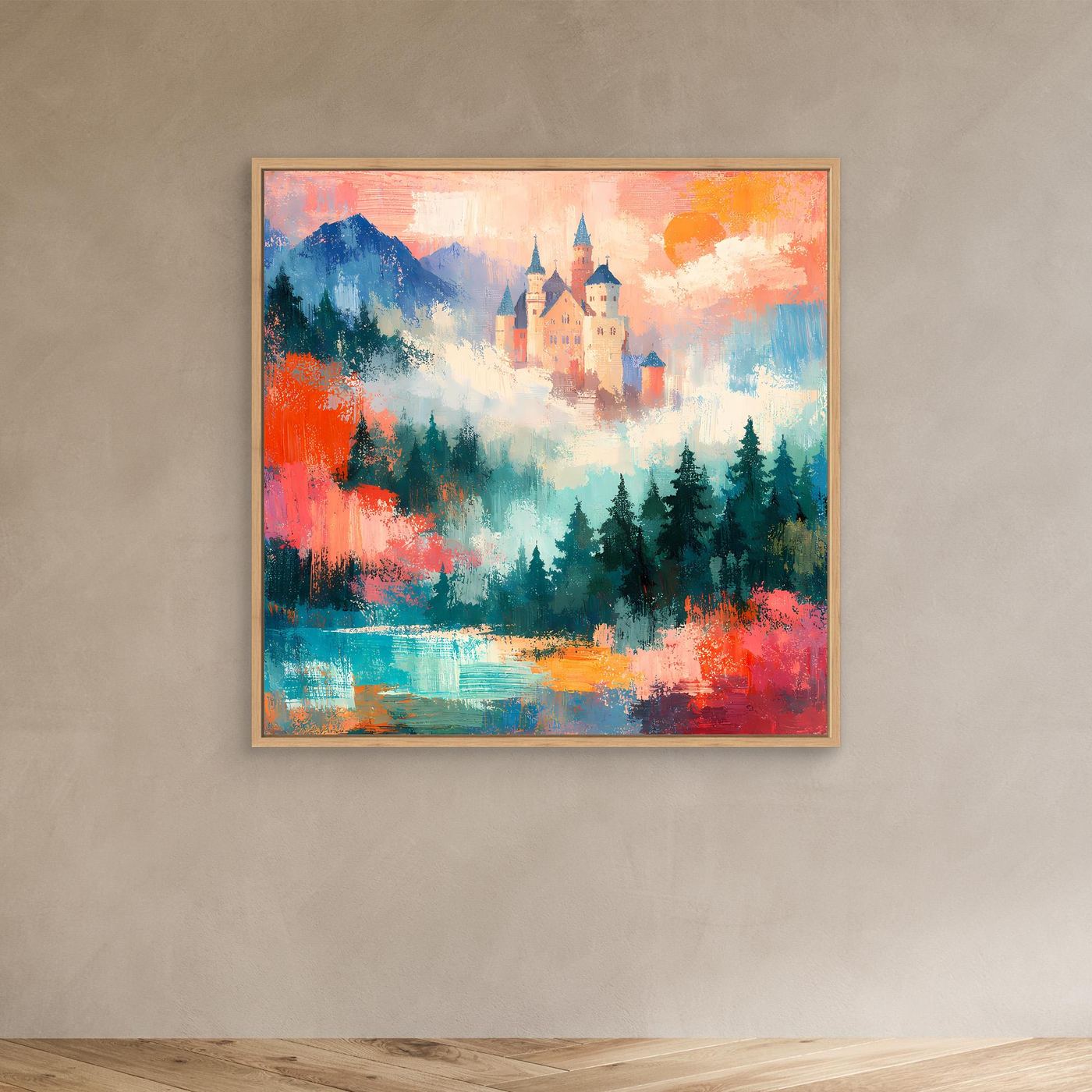 Abstraktes Wandbild mit Schlossmotiv, Bergen, Tannen und See, im hellen Holzrahmen