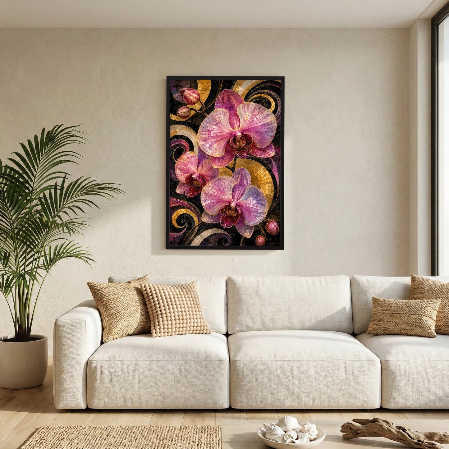 Hochformatiges Kunstposter mit schwarzem Rahmen: rosa Orchideen im Mosaikstil.