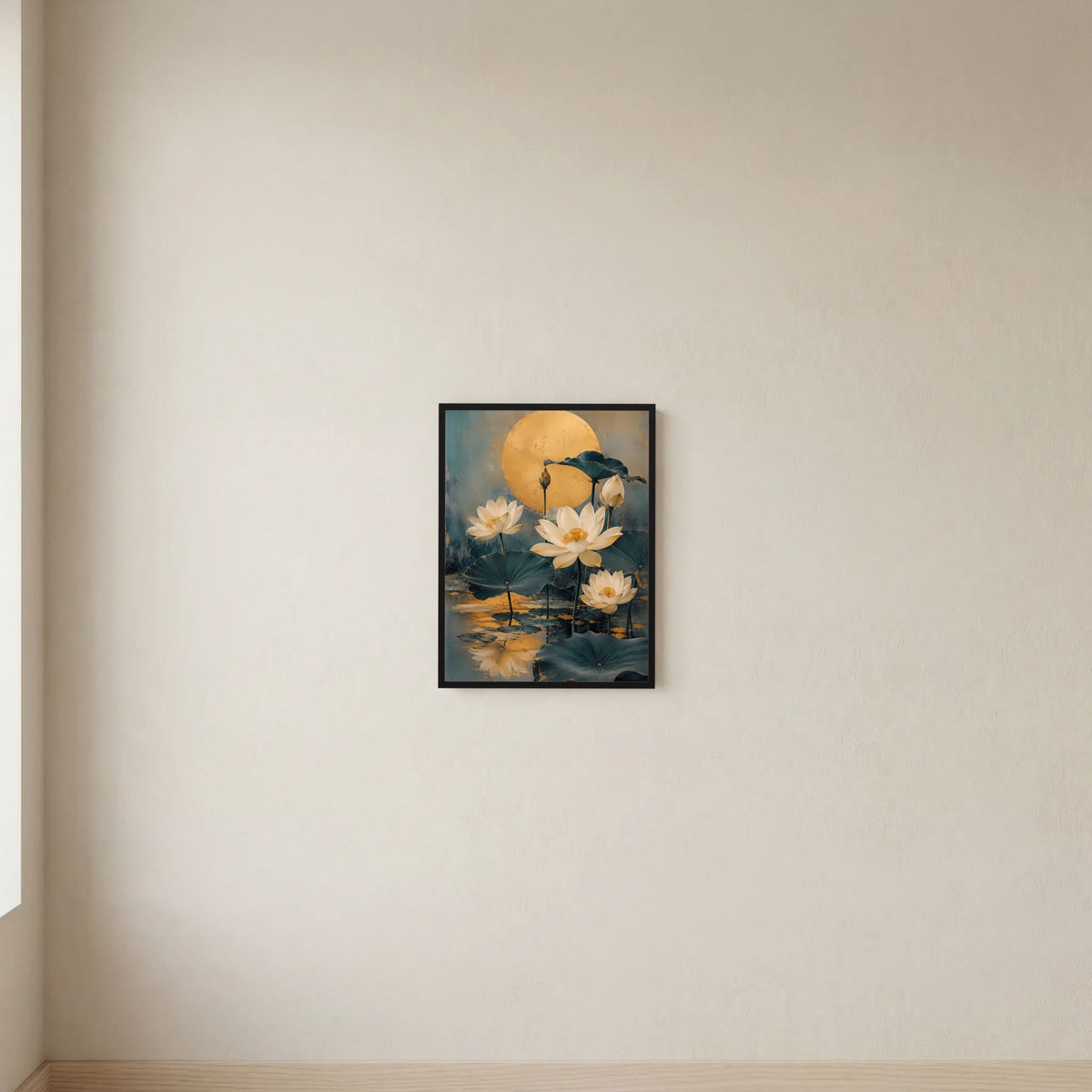 Hochformat-Poster mit schwarzem Rahmen und goldener Mond-Lotusblüte