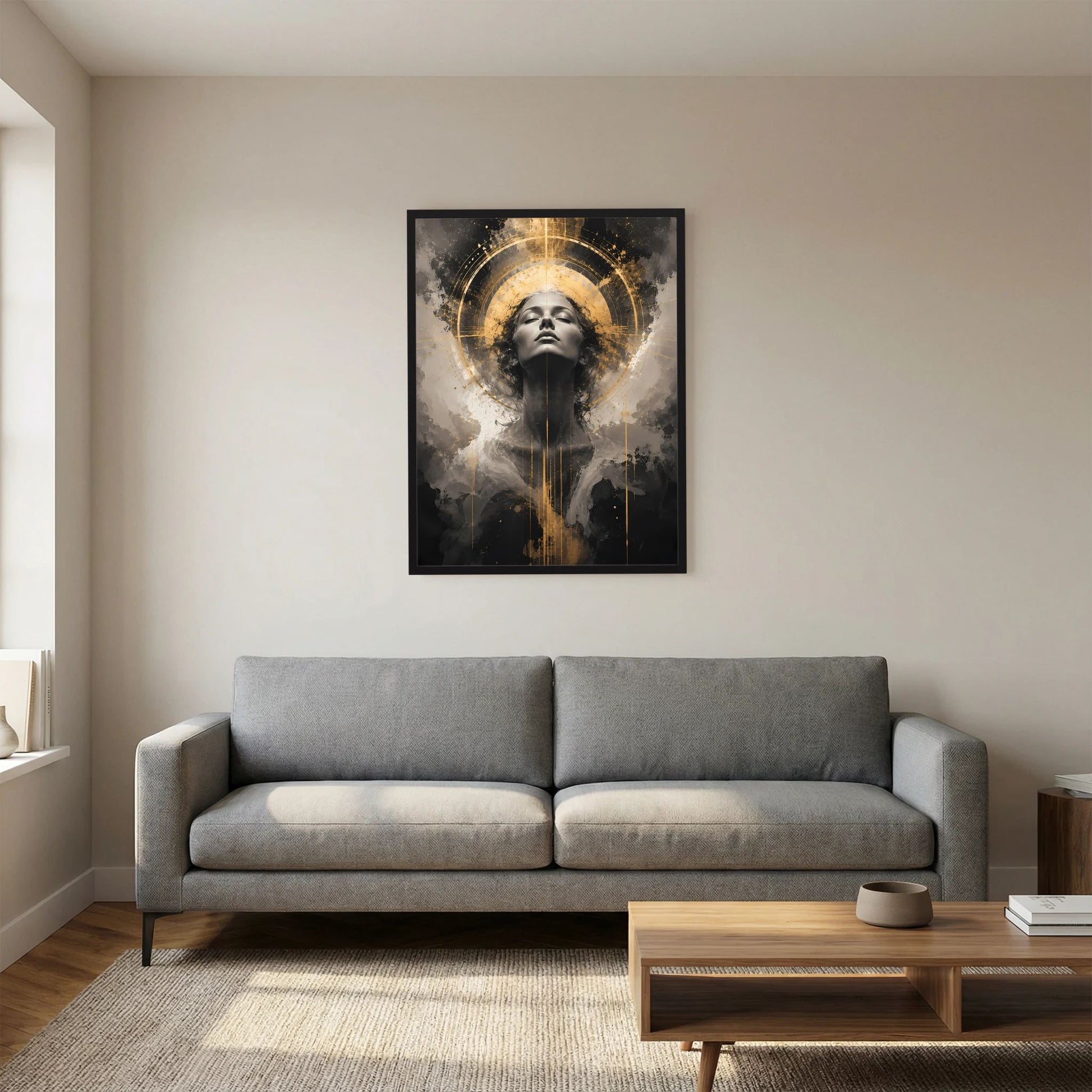Hochformatiges Poster mit abstraktem Frauenporträt, goldener Kreislichtung und dunklem Hintergrund