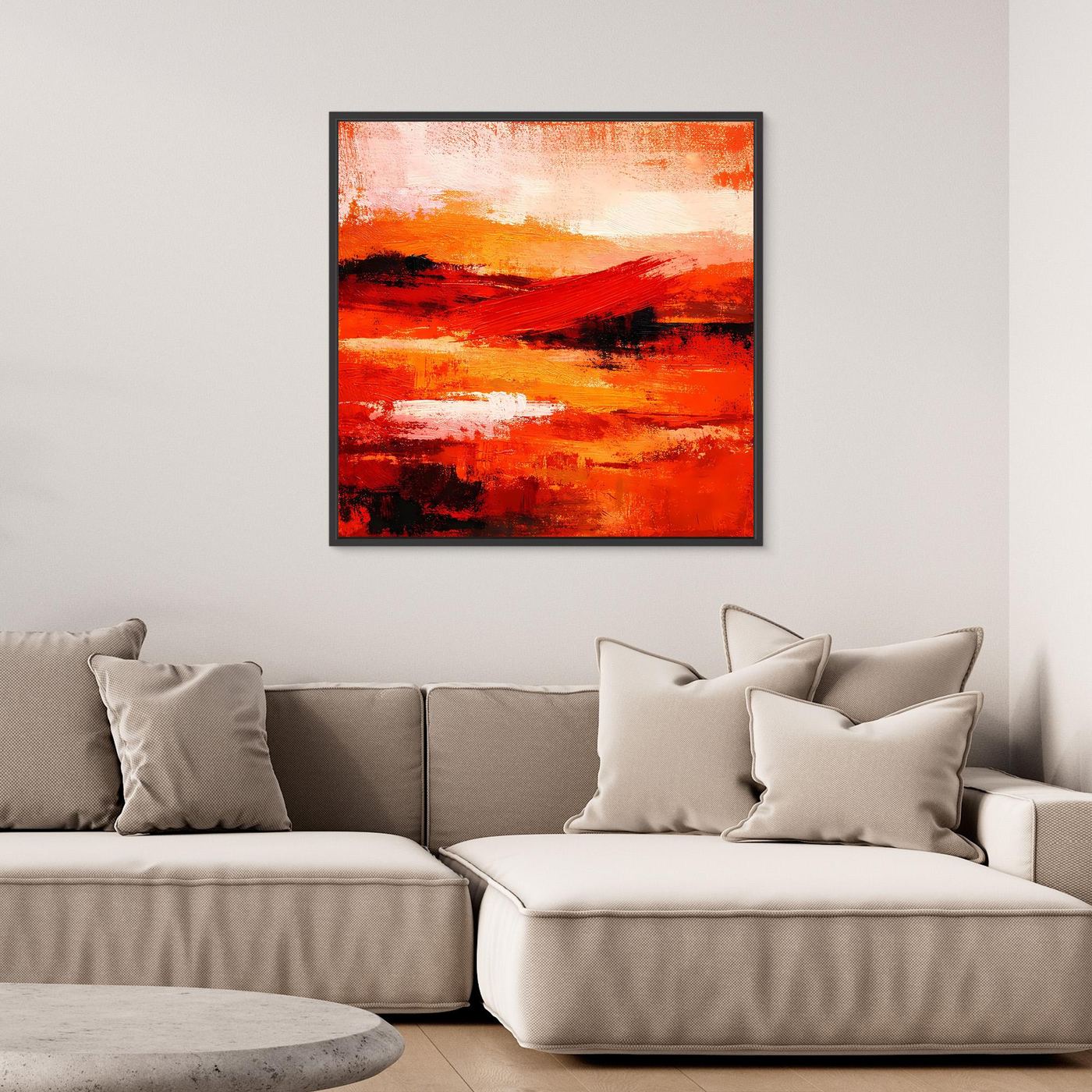 Gerahmtes Leinwand-Wandbild, abstrakt in Rot-Orange mit breiten schwarzen Pinselzügen