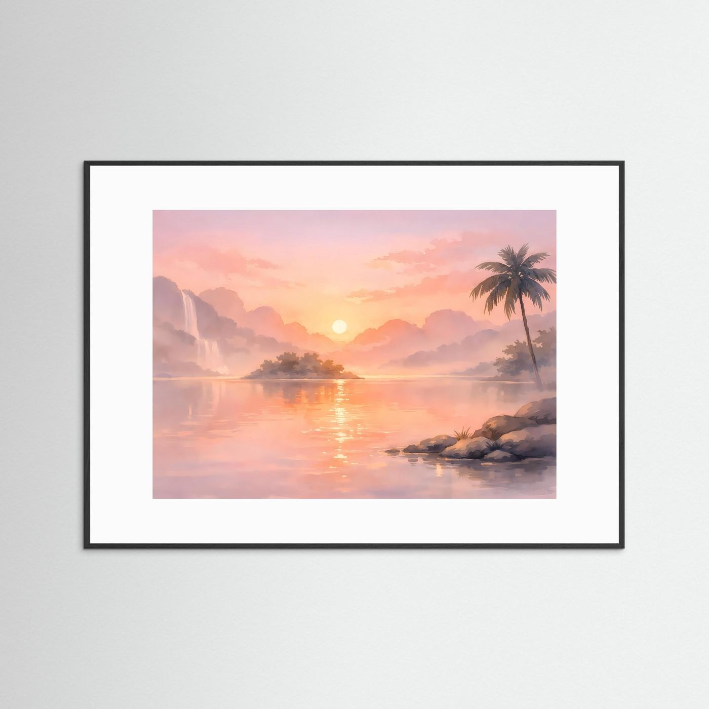 Querformat-Poster mit tropischem Sonnenaufgang über See und Palme; schwarzer Rahmen und weißes Passepartout
