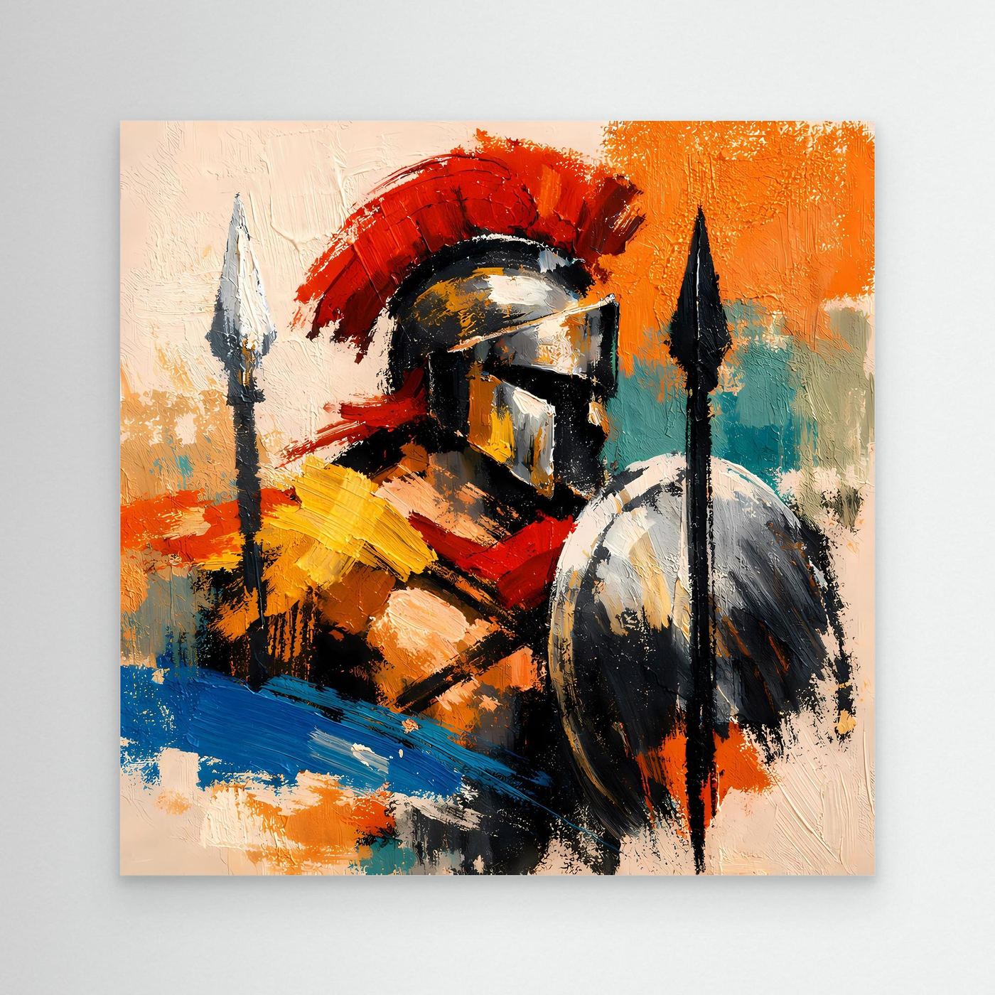 Abstract gladiator canvas wall art with helmet, shield, and spears in red, blue, orange