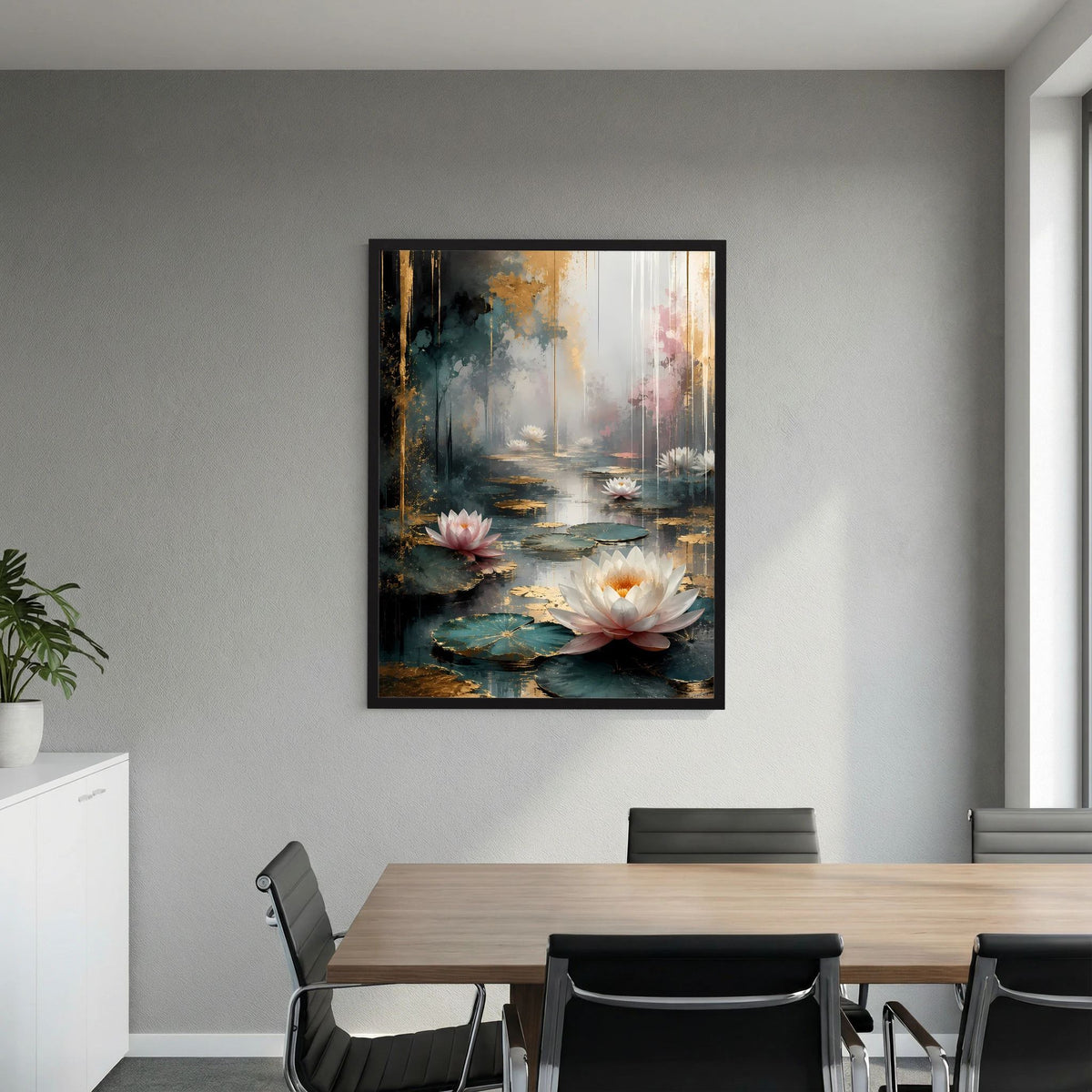 Poster im Hochformat: abstrakte Wasserlilien mit weißen Blüten und rosa Akzenten, schwarzer Rahmen