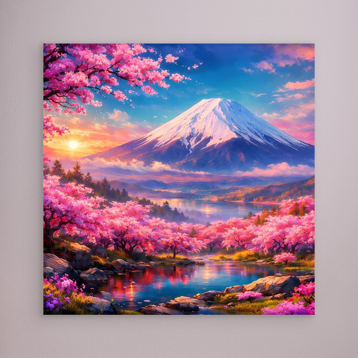 Leinwandbild Magischer Fuji & Kirschblüte | Japanisches Frühlingserwachen Wandbild auf echtem Holzkeilrahmen