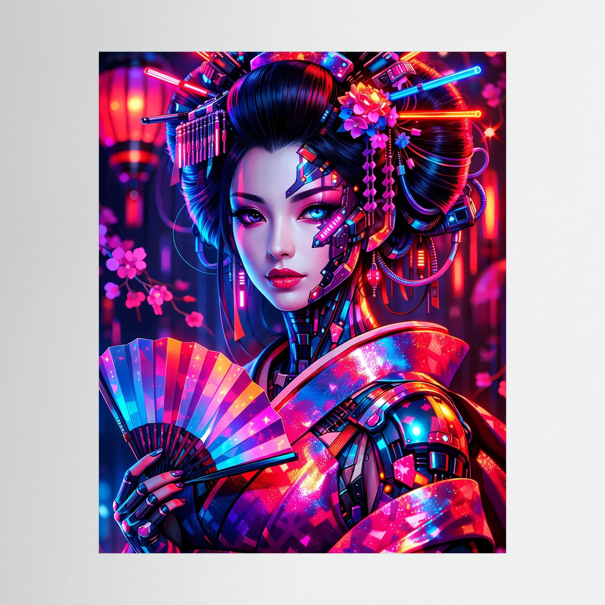 Neon-Kunstposter im Hochformat mit Cyber-Geisha, Blumen- und Lichtdesign