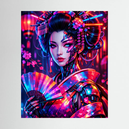 Neon-Kunstposter im Hochformat mit Cyber-Geisha, Blumen- und Lichtdesign