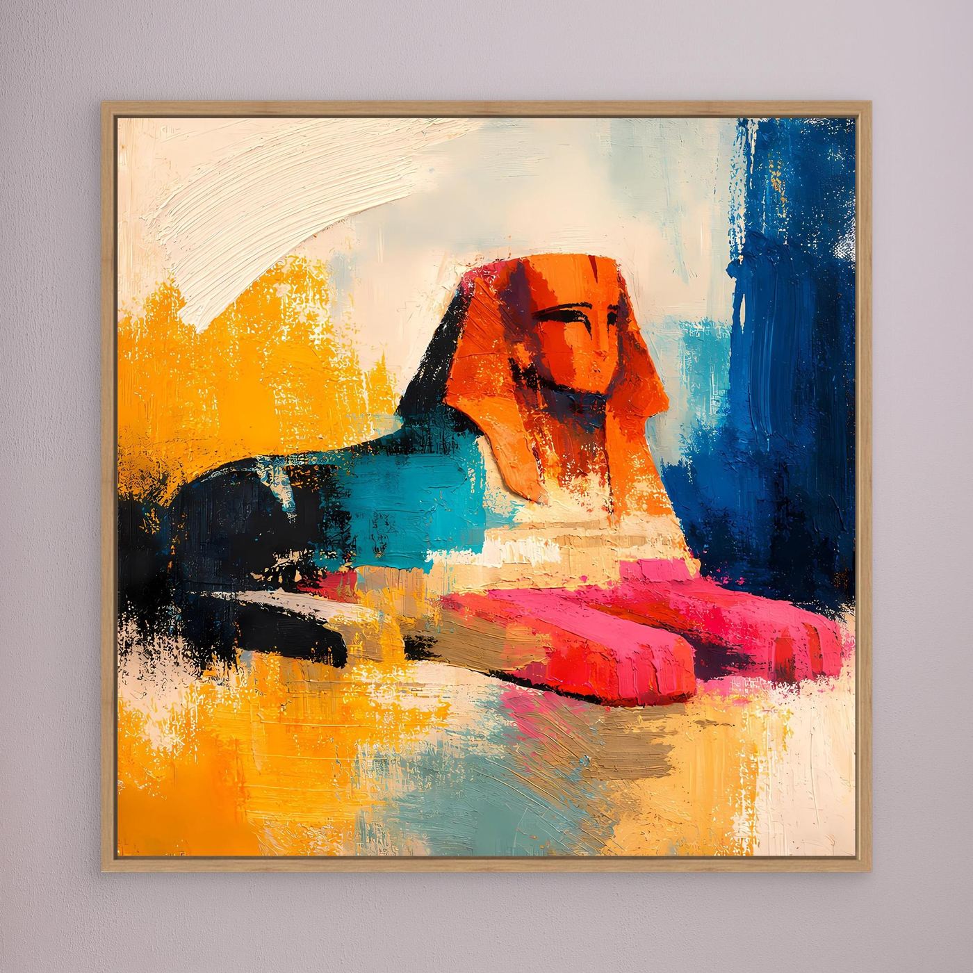 Abstract sphinx wall art with orange, teal, red, and blue strokes in a wood frame