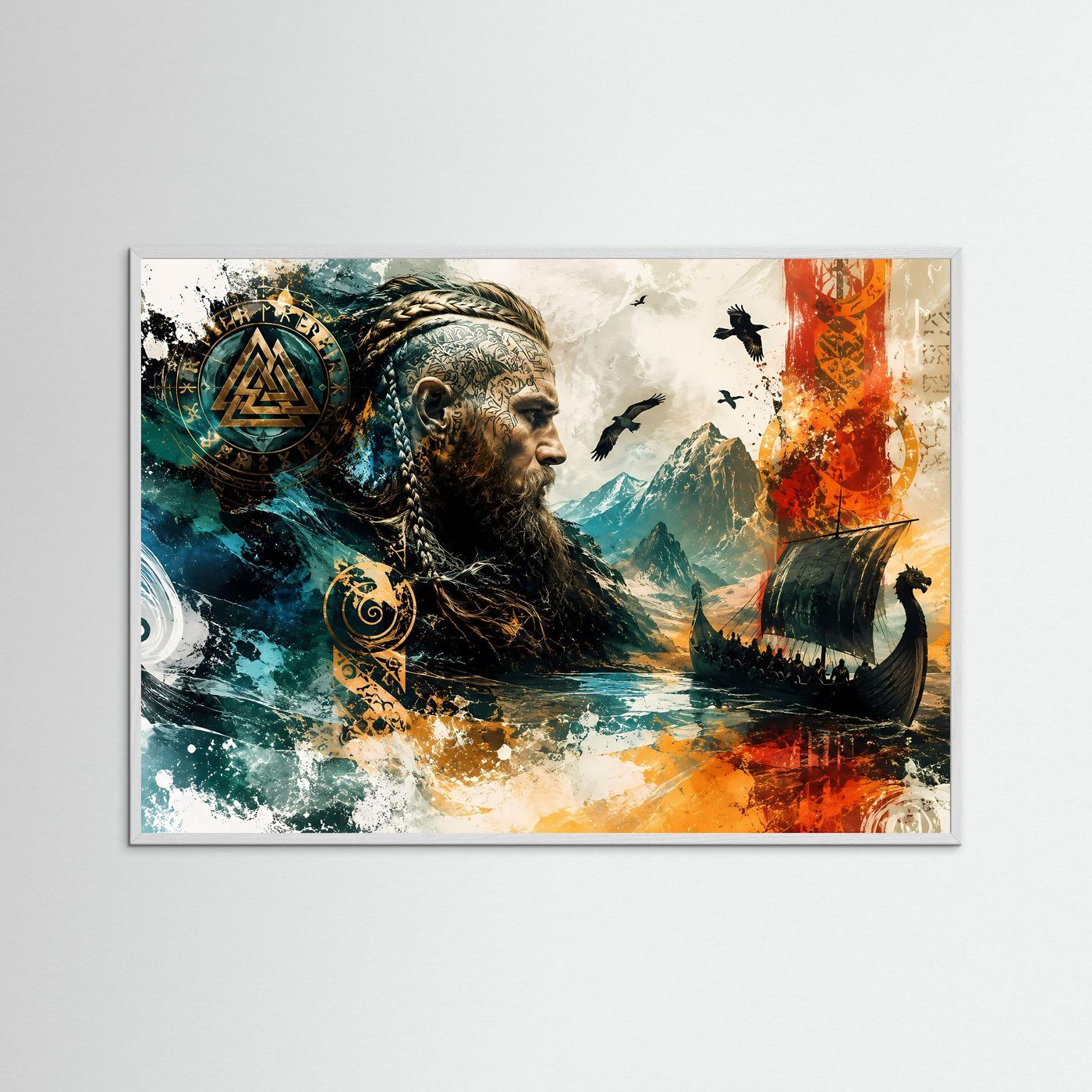 Wikinger Poster | Nordische Mythologie Wandbild | Viking Schiff & Runen | Abstrakte Fantasy Kunst | Leinwand Modern