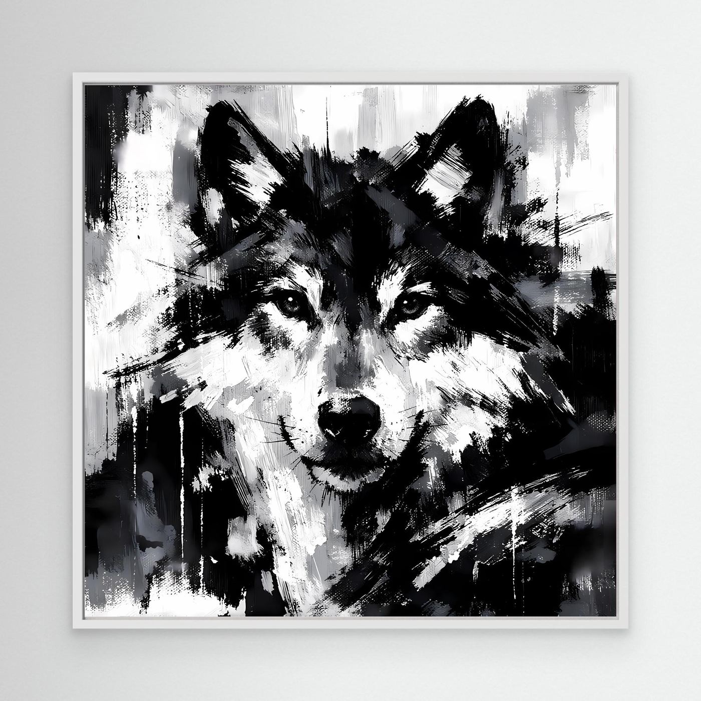 Leinwand-Wandbild mit abstraktem Wolfsgesicht in Schwarzweiß, weißer Rahmen