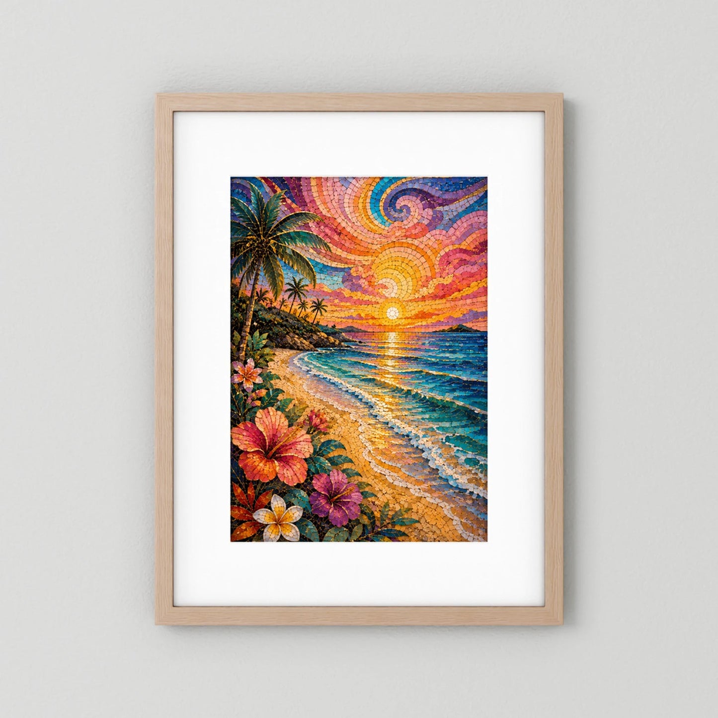 Tropischer Strand im Sonnenuntergang | Farbenfrohes Mosaik mit Palmen & Hibiskus | Poster Hochformat