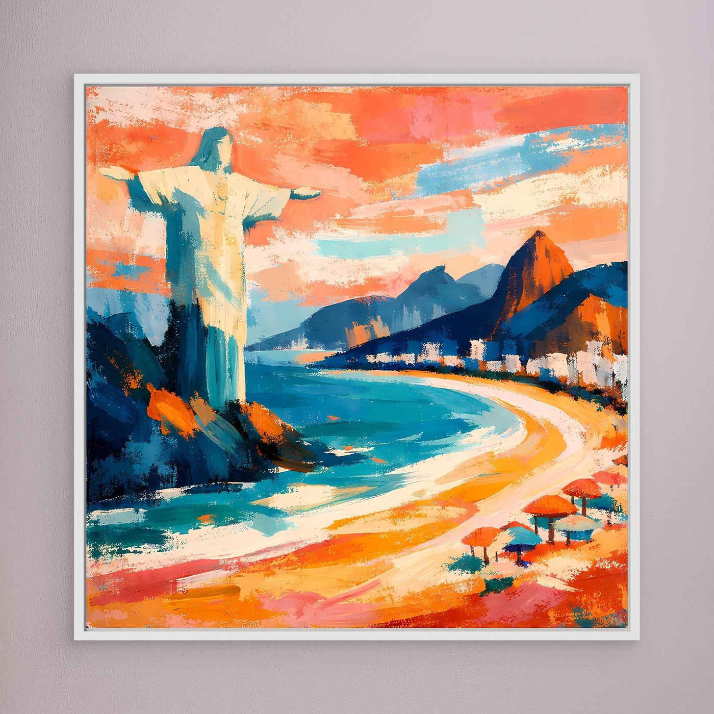 Wandbild mit weißem Rahmen: Küstenabstraktion mit Bergen, blauem Meer und roten Sonnenschirmen.