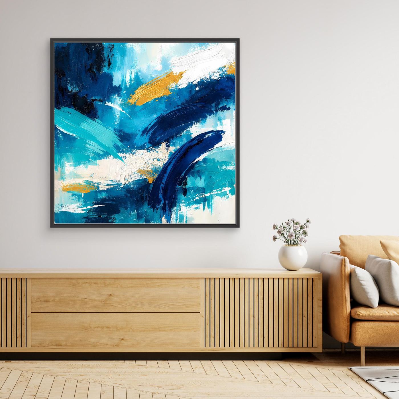 Abstract canvas painting, blue and gold brushstrokes with black frame