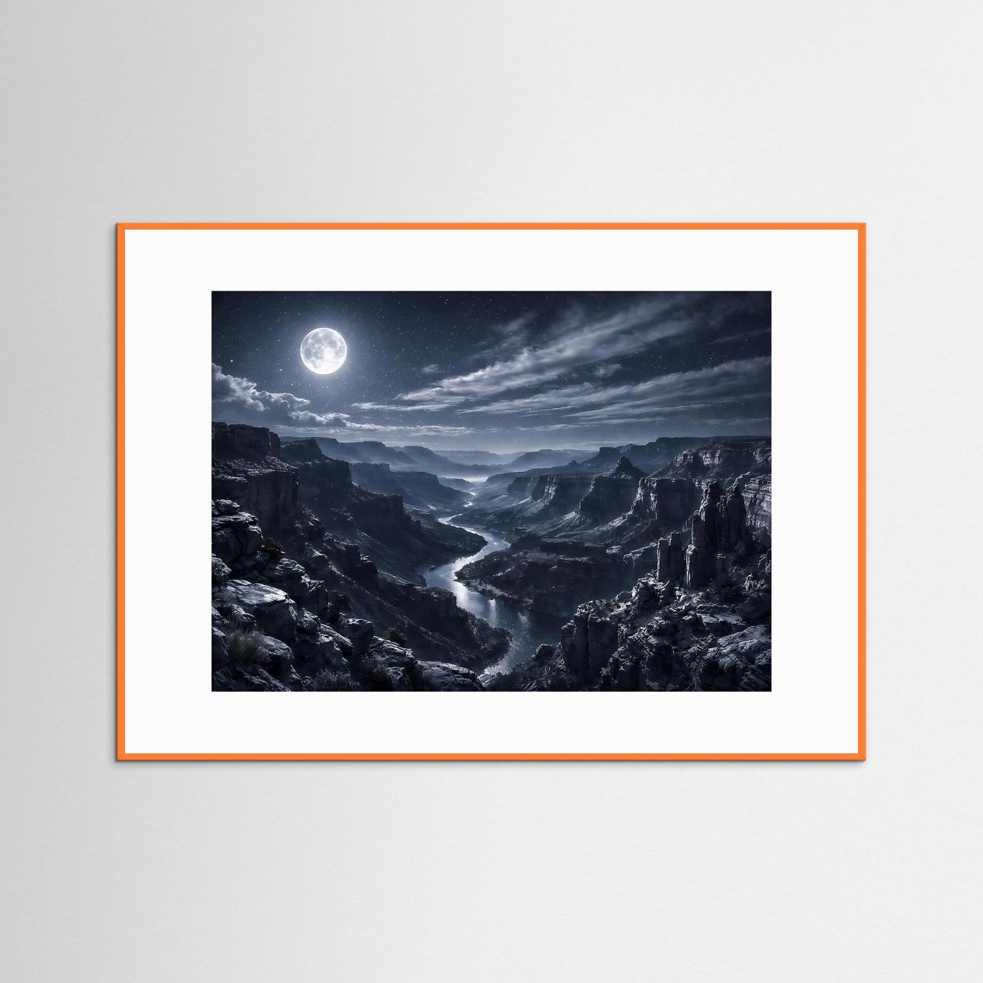 Wandbild mit Mond über Canyon, orangefarbener Rahmen mit weißem Rand