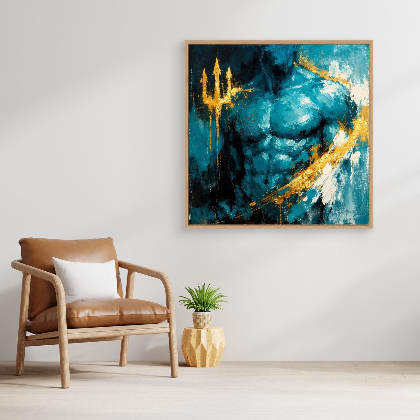Leinwand Kraftvoller Poseidon in Türkis | Abstraktes Meeresgott Wandbild Gold