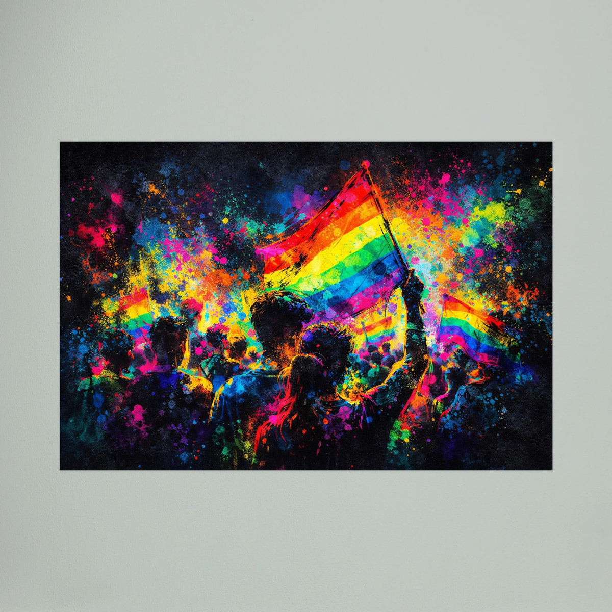 Wandbild (Querformat) mit Regenbogenfahne und farbigen Menschen-Silhouetten, leuchtende Akzente