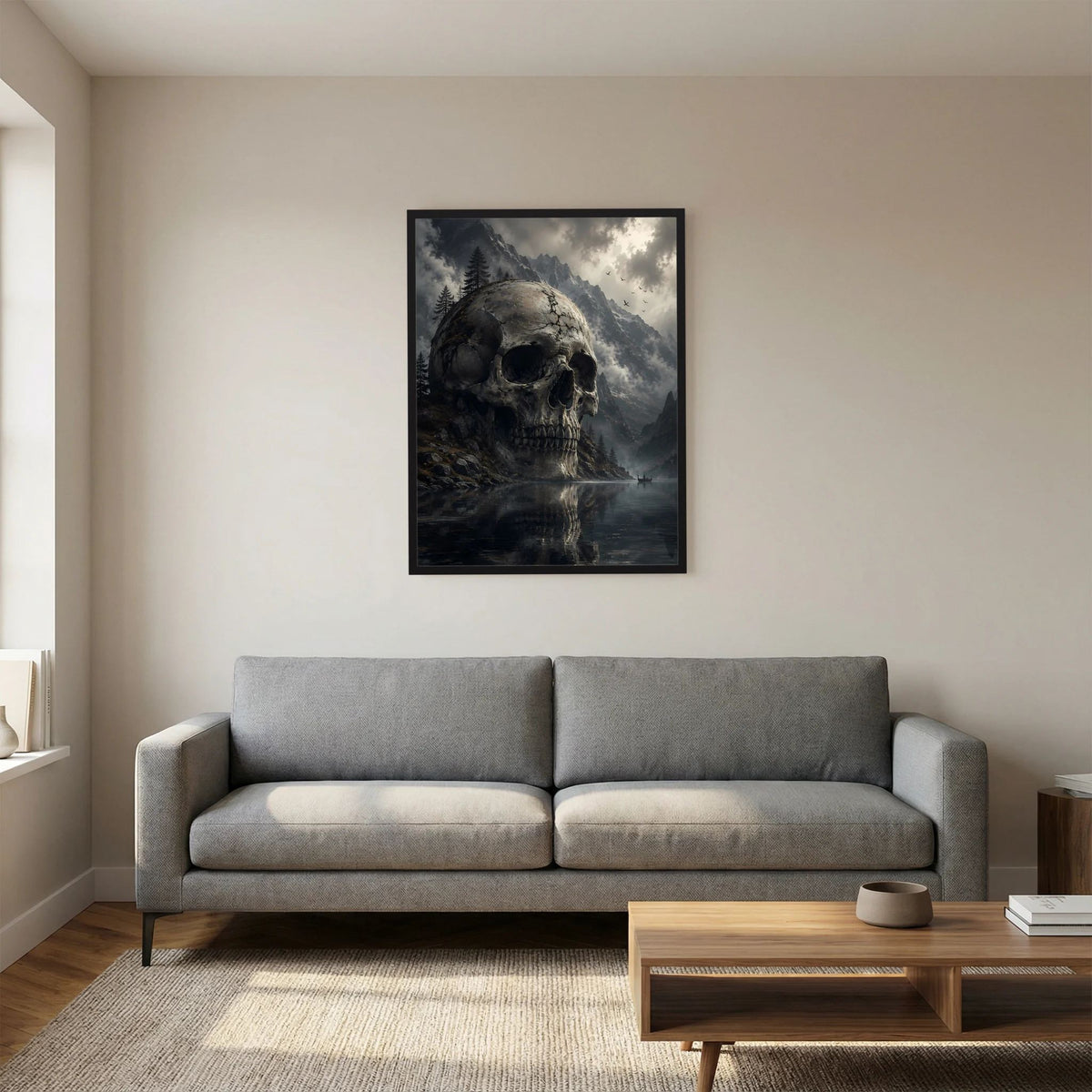 Totenkopf-Poster im schwarzen Rahmen: finstere Berge, dunkler Himmel und Wasserreflexe.