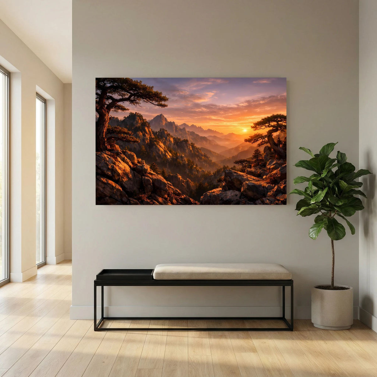 Wandbild im Querformat mit Bergkette und Sonnenuntergang über einer Landschaft