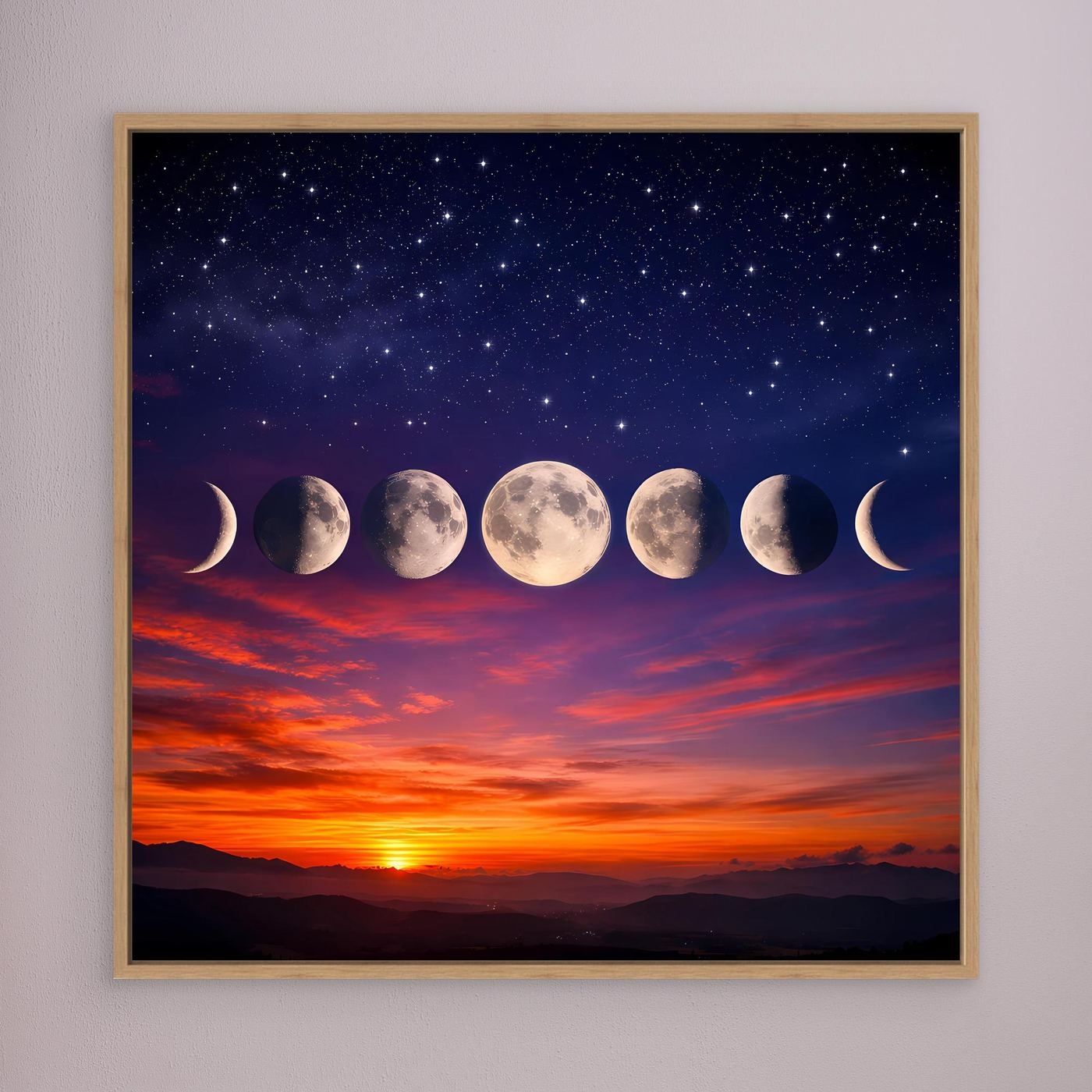 Leinwandbild mit Mondphasen über Sternenhimmel und Sonnenuntergang, goldbraun gerahmt