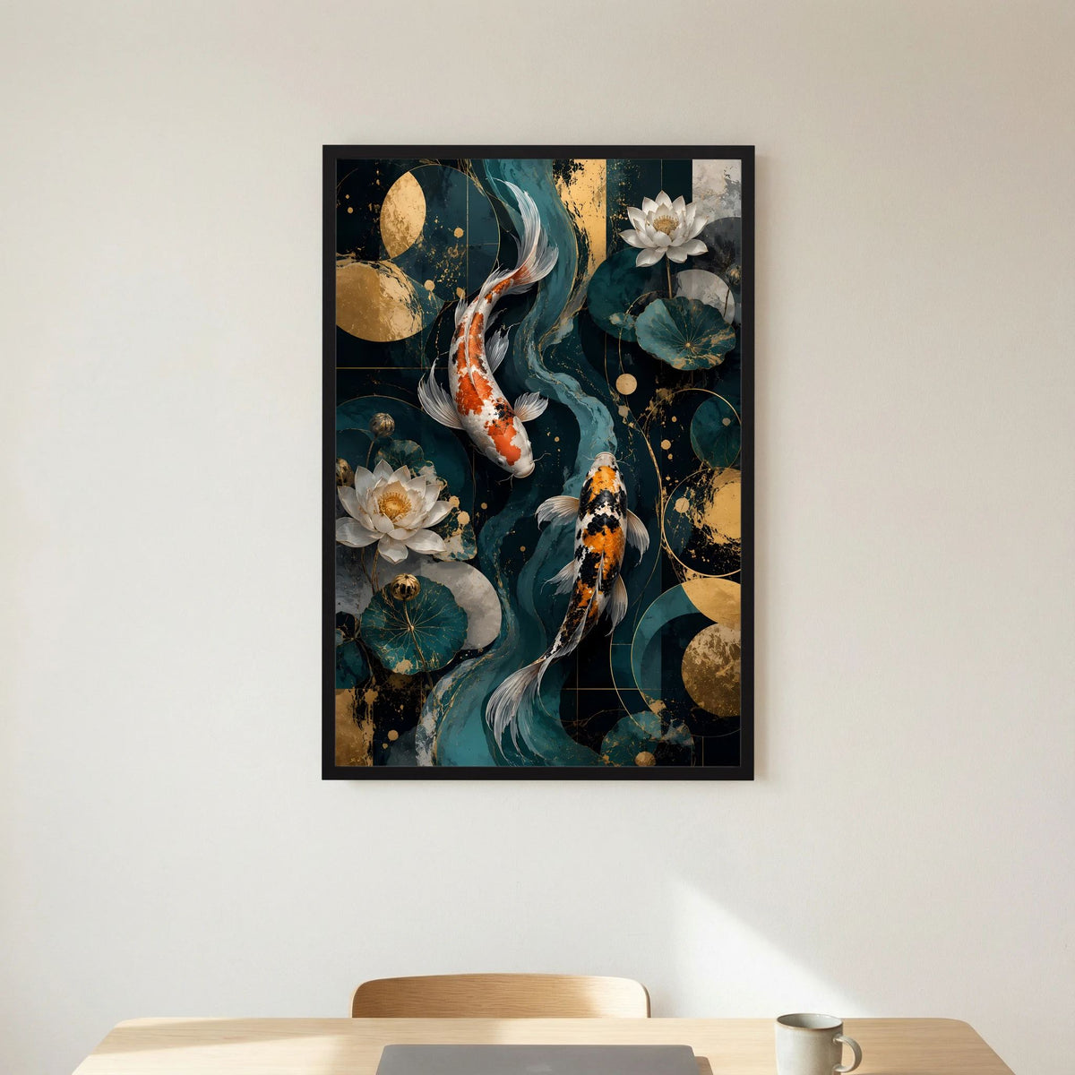 Japanisches Kunstposter im Hochformat: Koi-Fische mit Lotusblüten auf dunklem Hintergrund