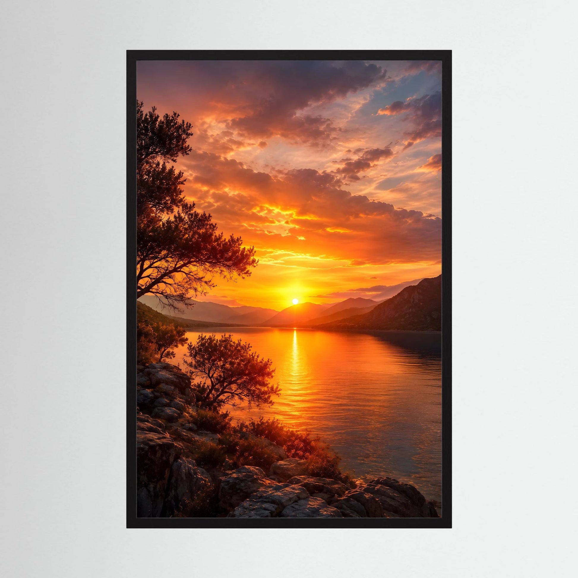Hochformat-Poster mit Sonnenuntergang über See und Bergen, schwarz gerahmt