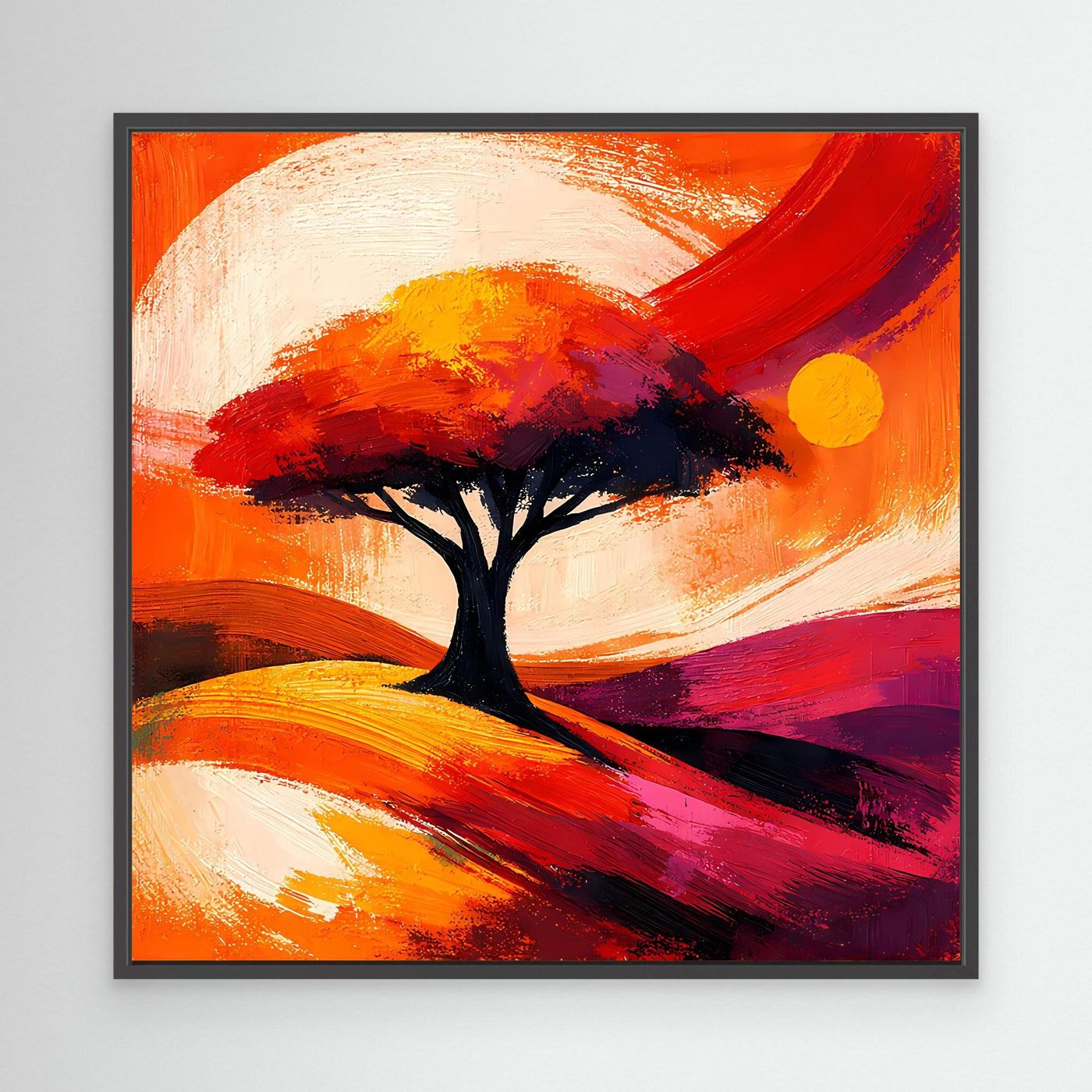 Leinwandbild mit abstraktem Baum in Orange/Rot und gelbem Kreis, schwarzer Rahmen