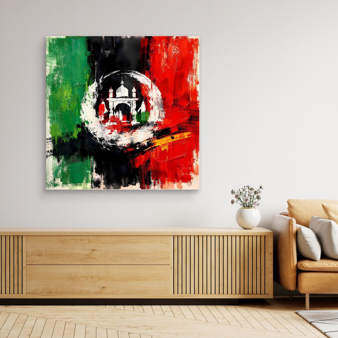 Close-up framed Afghanistan flag abstract art with circular emblem in red, green, and black strokes