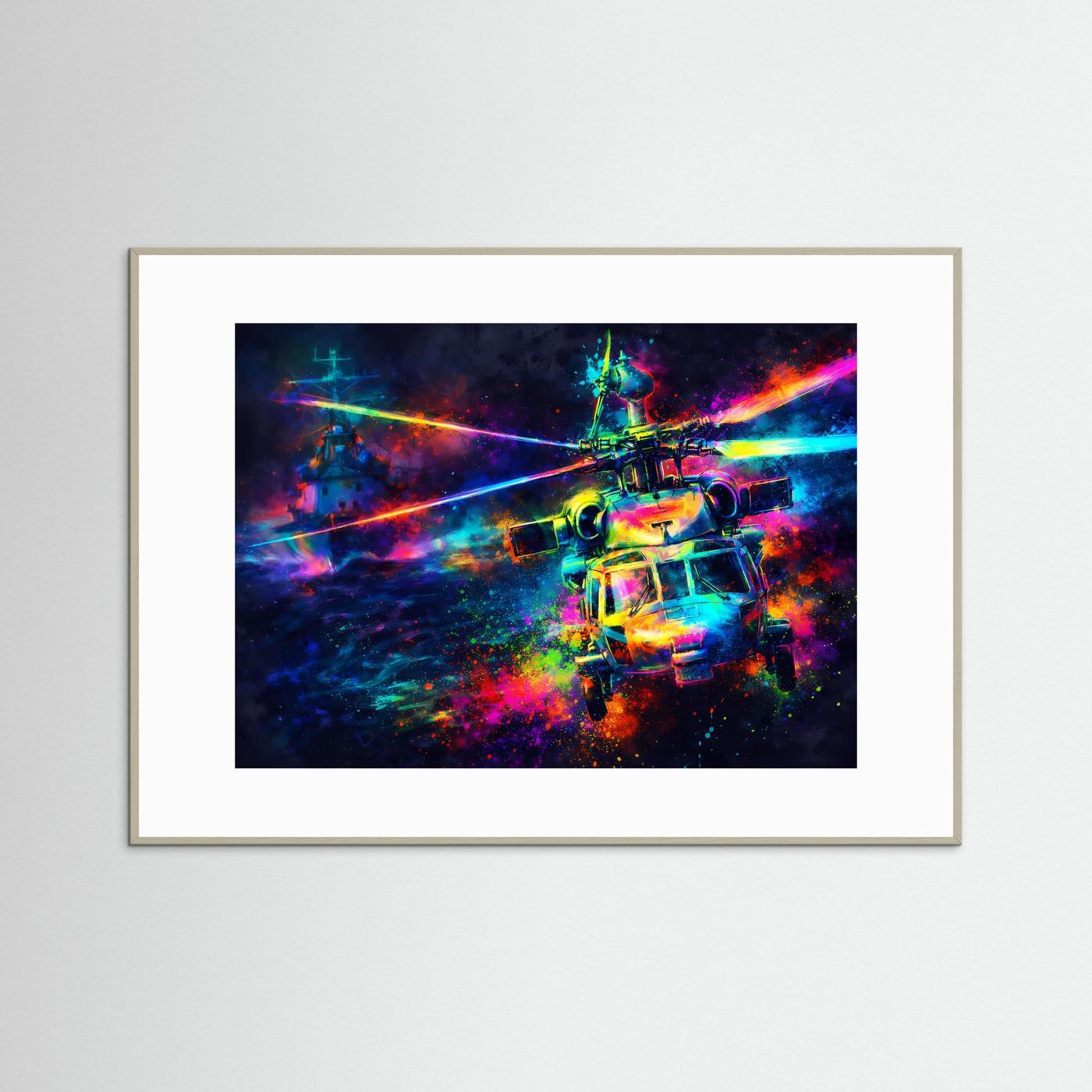 Neon-Helikopter-Abstraktposter im hellem Rahmen, Querformat mit buntem Helikoptermotiv