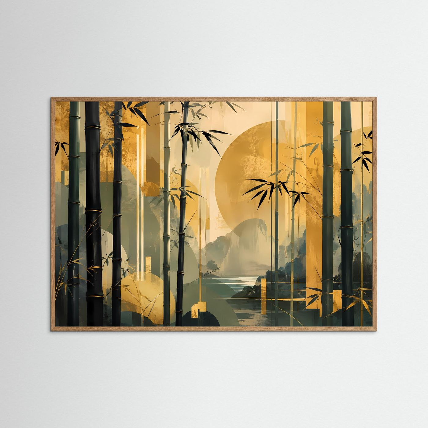Wandposter im Querformat mit Bambuswald und Mond, natürlicher Eichenrahmen