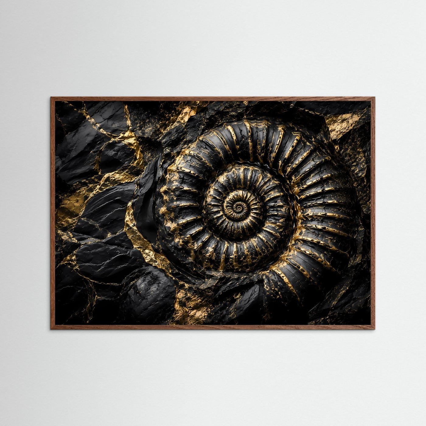 Ammonit Fossil Wandbild | Schwarz Gold Kunst | Geologie Poster | Luxus Leinwand | Prähistorische Natur Wanddeko | Moderne Wall Art