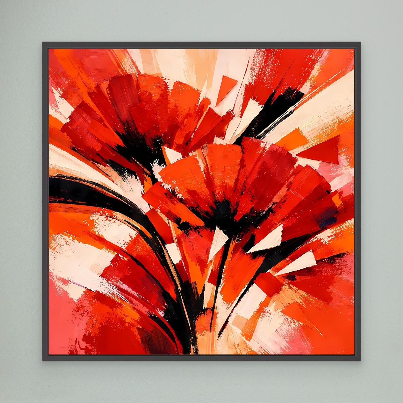 Leinwandbild mit abstraktem Mohnmotiv in Rot und Orange, schwarz gerahmt