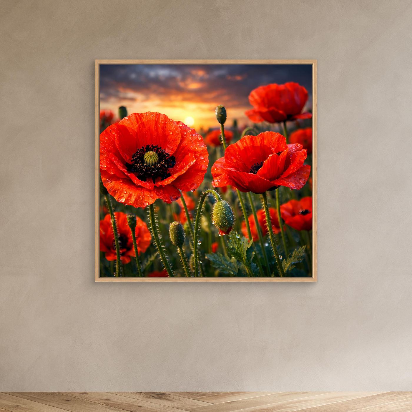 Leinwandbild mit roten Klatschmohnblüten im Sonnenuntergang, mit hellem Holzrahmen