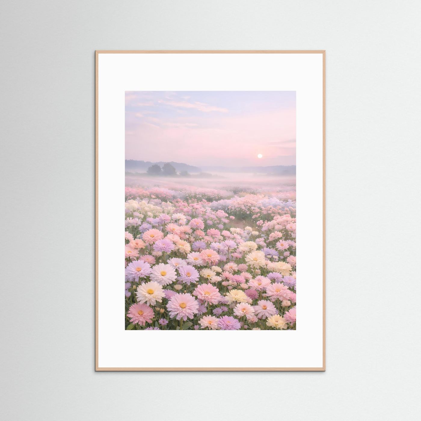 Blumenfeld-Poster im Hochformat mit Pastellrosen und Sonnenaufgang, weißer Holzrahmen