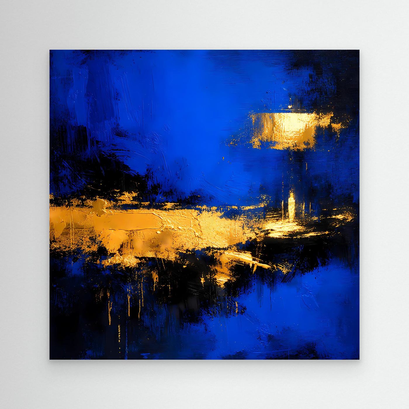 Leinwand Abstrakte Meereslandschaft bei Nacht | Modernes Küsten Wandbild in Blau und Gold
