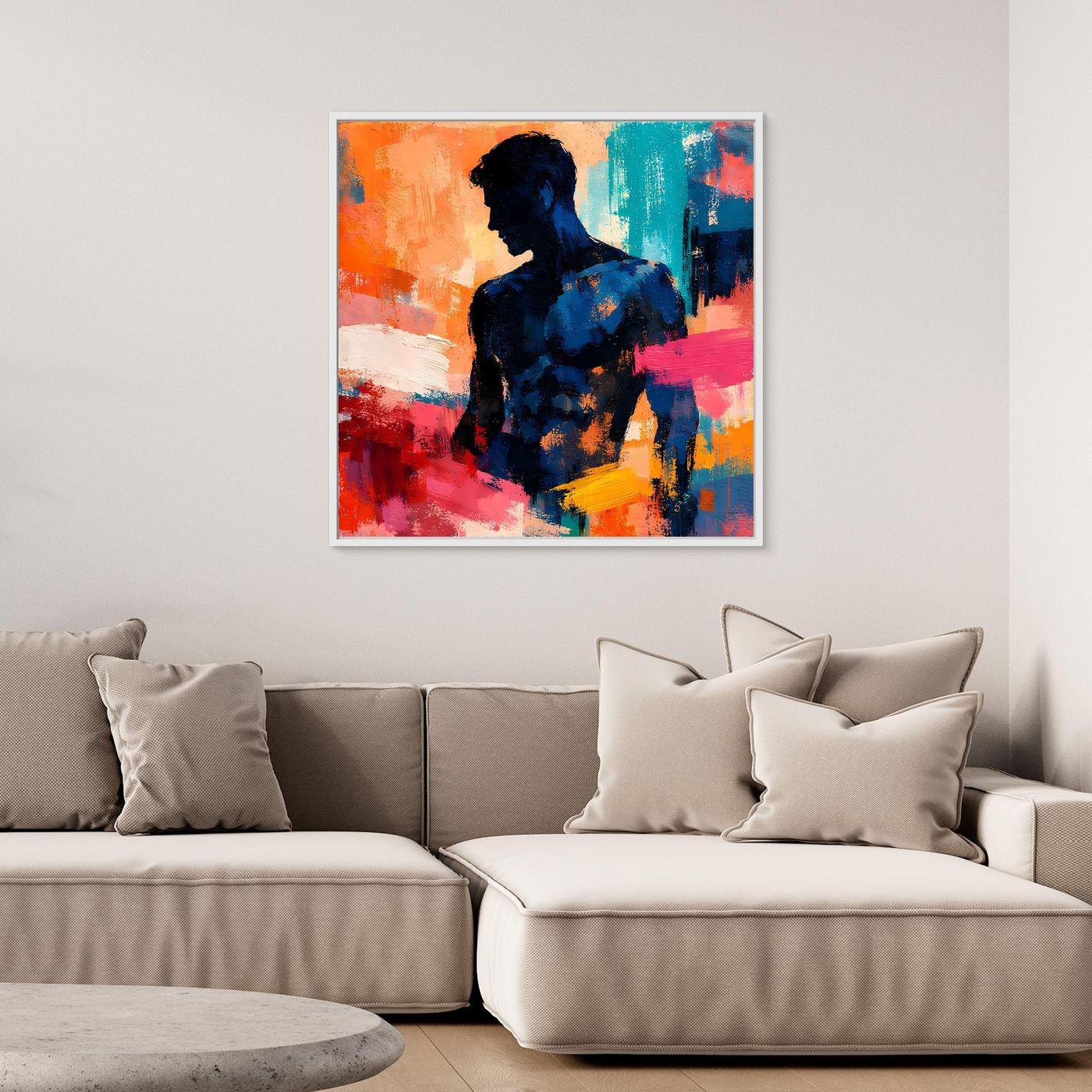 Abstraktes Leinwand-Wandbild mit maskuliner Silhouette, bunte Farbflecken, weißer Rahmen