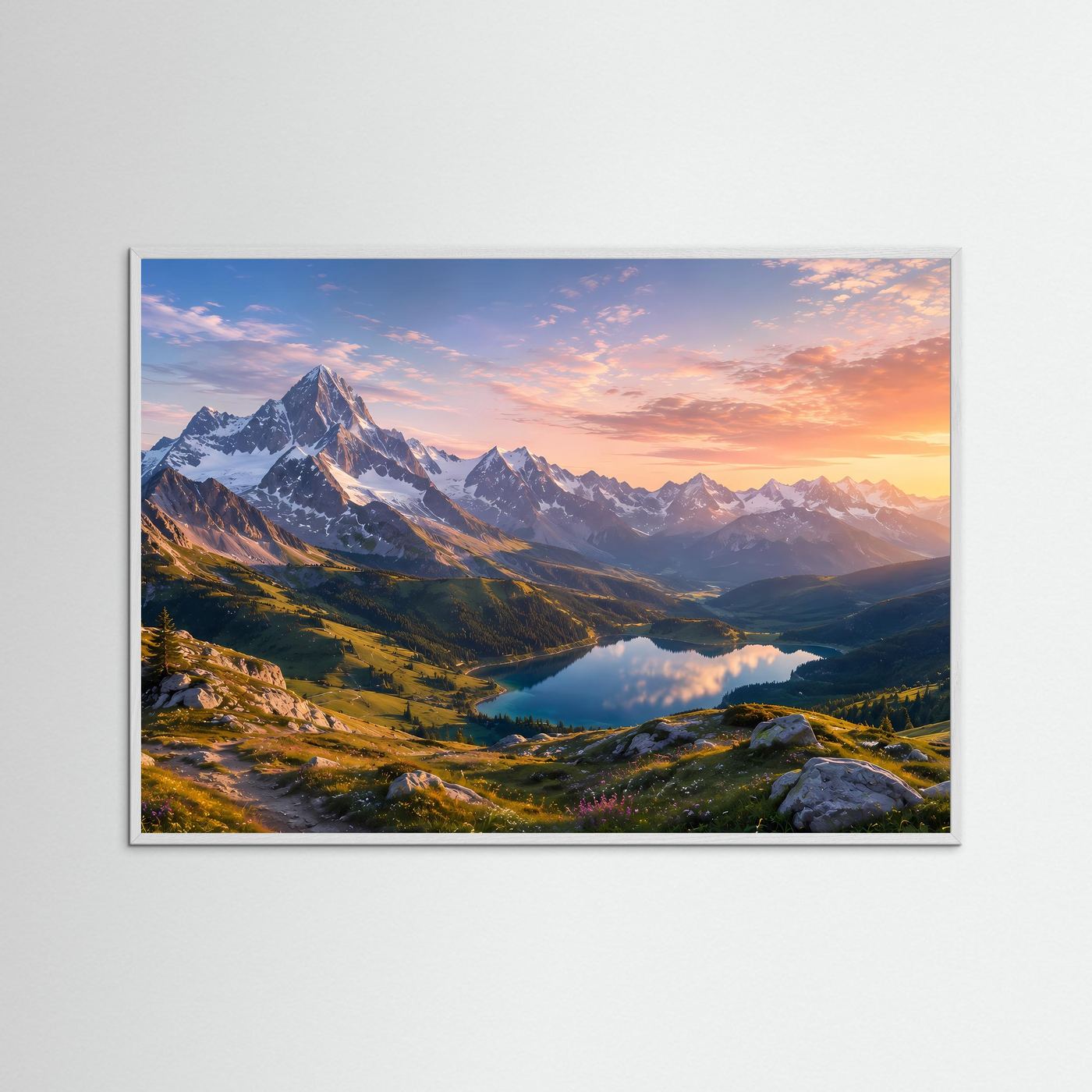 Bergsee-Landschaftsfoto mit Alpenpanorama bei Sonnenuntergang, weißer Holzrahmen