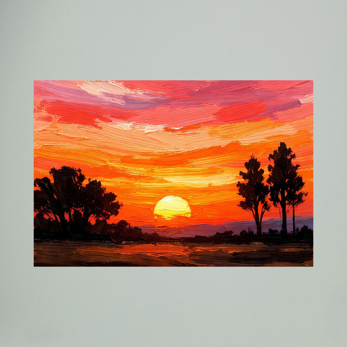 Acryl-Kunstwerk im Querformat, Nahansicht: orange-roter Sonnenuntergang und Bäume