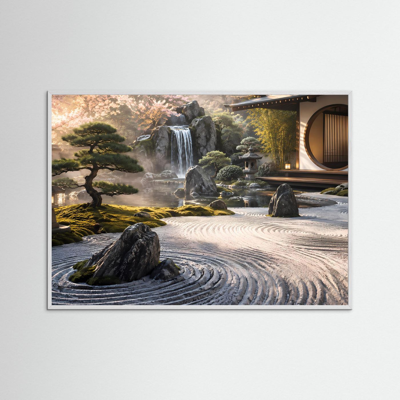 Japanischer Zen Garten Poster | Asiatischer Garten mit Wasserfall | Japan Landschaft Wandbild | Meditationskunst | Moderne Premium Leinwand